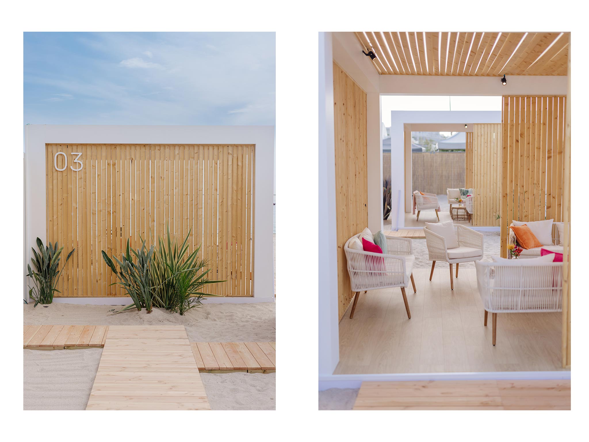 PLAGE FREEWHEEL - CANNES LIONS 2025 : AUCOP CONSTRUIT ET REUTILISE LES CABANES Montage de 7 pagodes - structures événementielles réutilisées - AUCOP