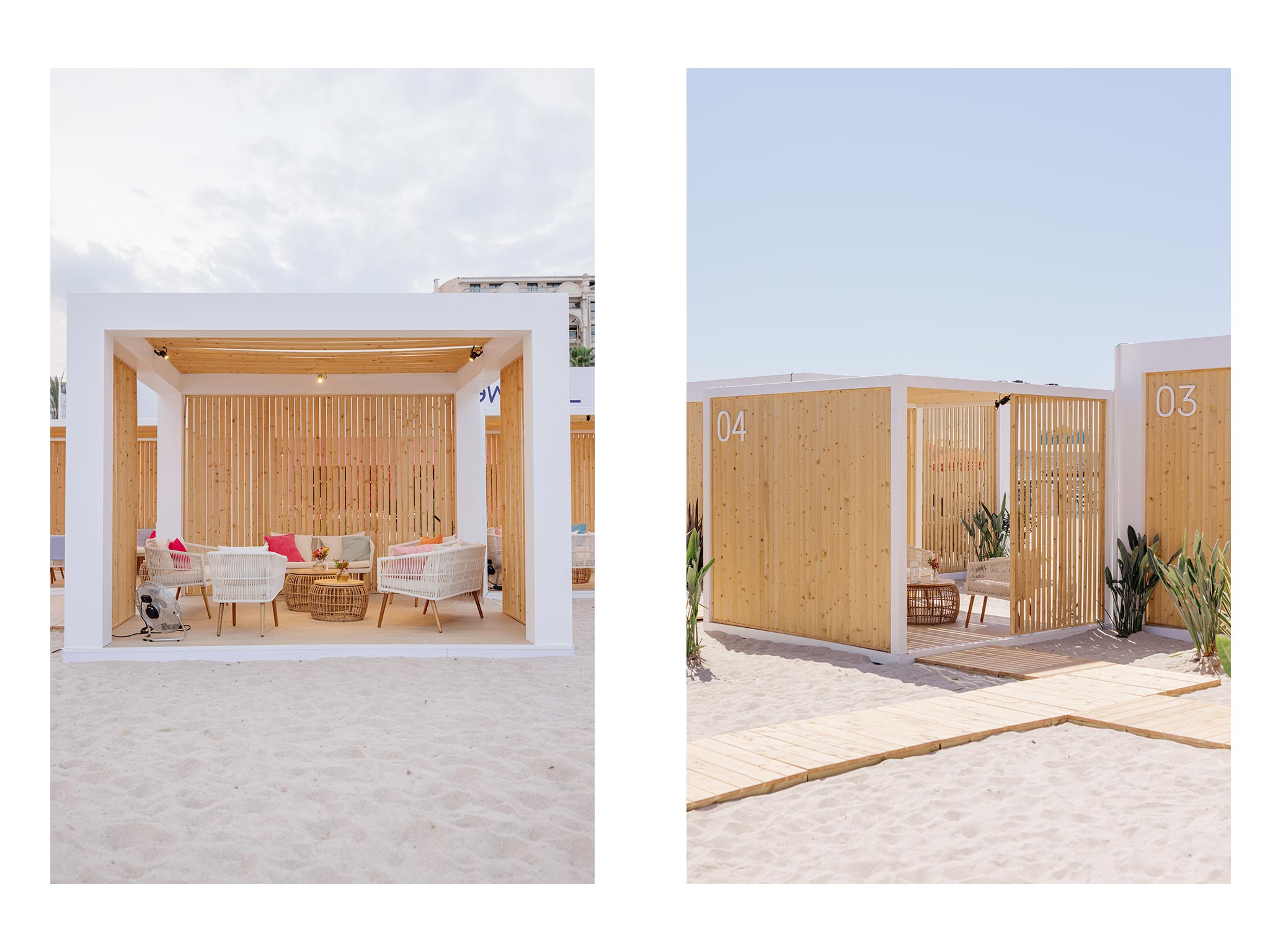 PLAGE FREEWHEEL - CANNES LIONS 2025 : AUCOP CONSTRUIT ET REUTILISE LES CABANES Montage de 7 pagodes - structures événementielles réutilisées - AUCOP