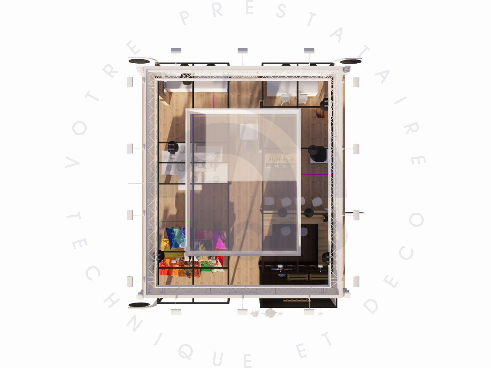 Plan vue aérienne du stand Made in Cuir MIF Expo 2025 - organisation des 72m² de l'espace scénographique conçu par Aucop pour Alliance France Cuir