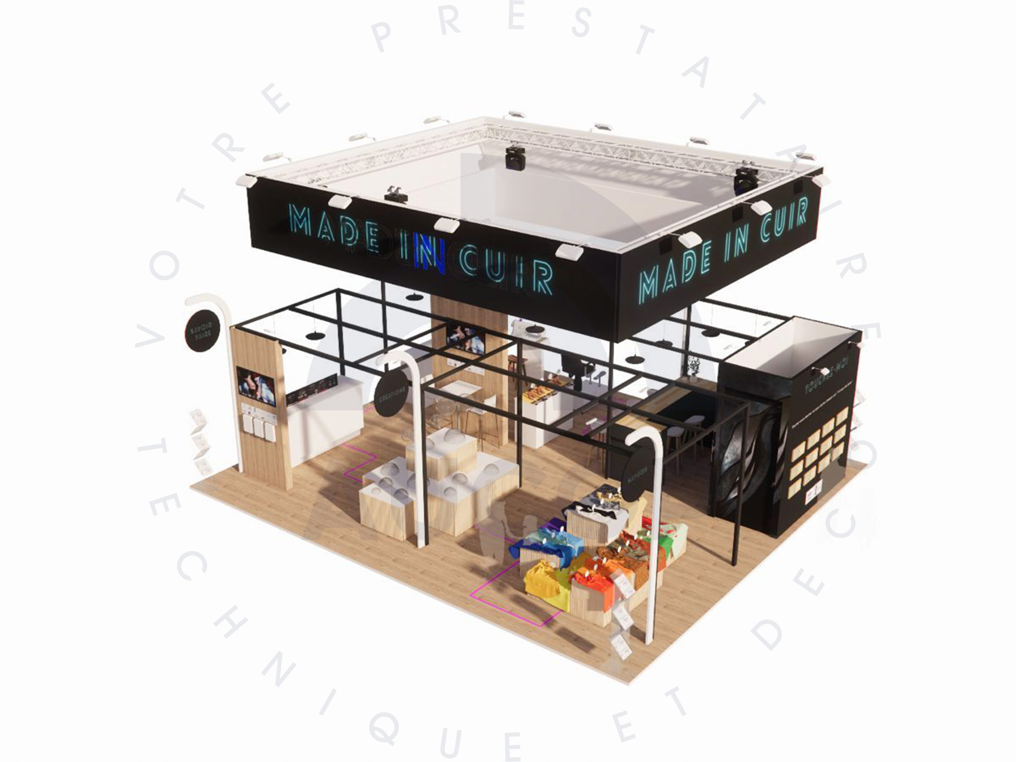 Rendu 3D du stand Made in Cuir MIF Expo 2025 - conception et scénographie sur mesure 72m² par Aucop Paris pour Alliance France Cuir