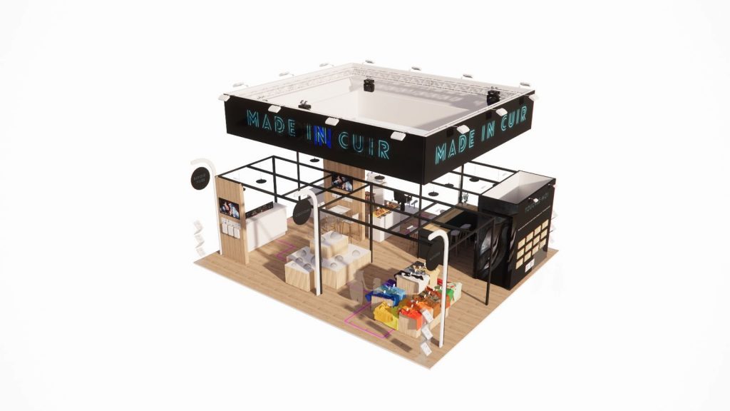 Rendu 3D stand Made in Cuir - Aucop Paris - plan scenographie - MIF Expo 2025 Rendu 3D du stand Made in Cuir MIF Expo 2025 - conception et scénographie sur mesure 72m² par Aucop Paris pour Alliance France Cuir