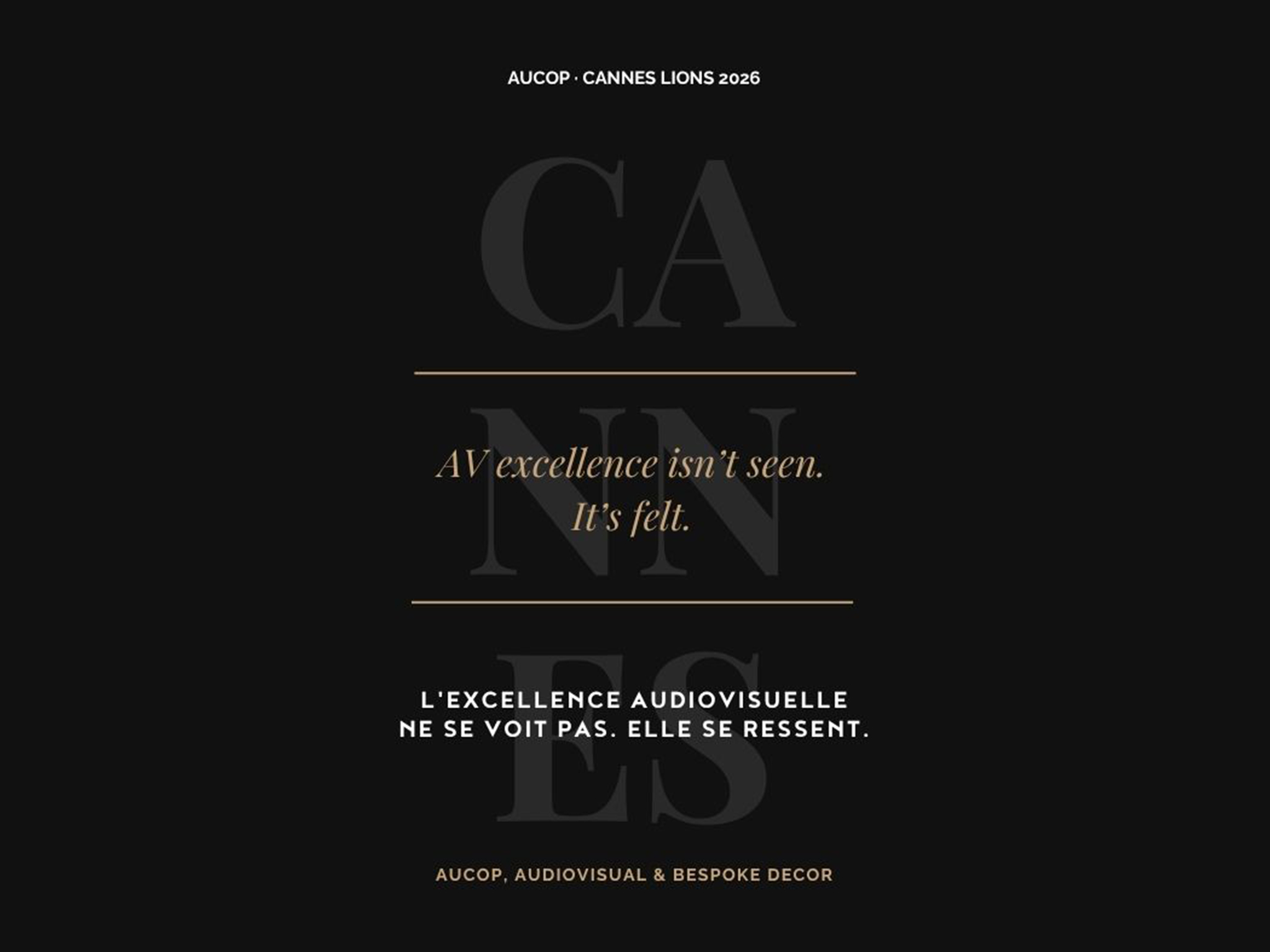 FR: Décors sur mesure et scénographie atelier AUCOP aux Cannes Lions 2026 — stand événementiel, structures sur mesure, signalétique EN: Bespoke decor and scenography by AUCOP workshop at Cannes Lions 2026 — event stand, custom structures, signage