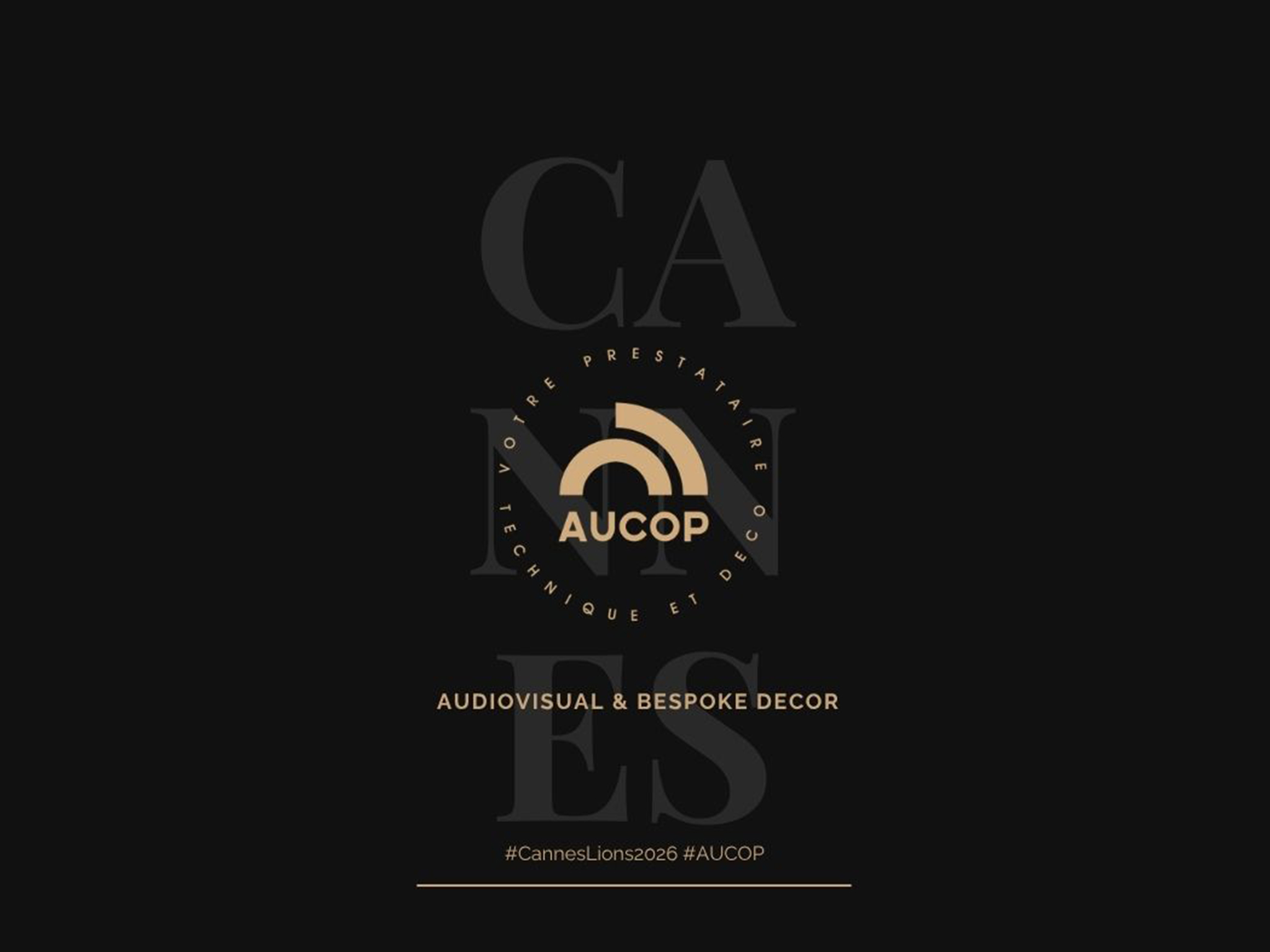 FR: Décors sur mesure et scénographie atelier AUCOP aux Cannes Lions 2026 — stand événementiel, structures sur mesure, signalétique EN: Bespoke decor and scenography by AUCOP workshop at Cannes Lions 2026 — event stand, custom structures, signage