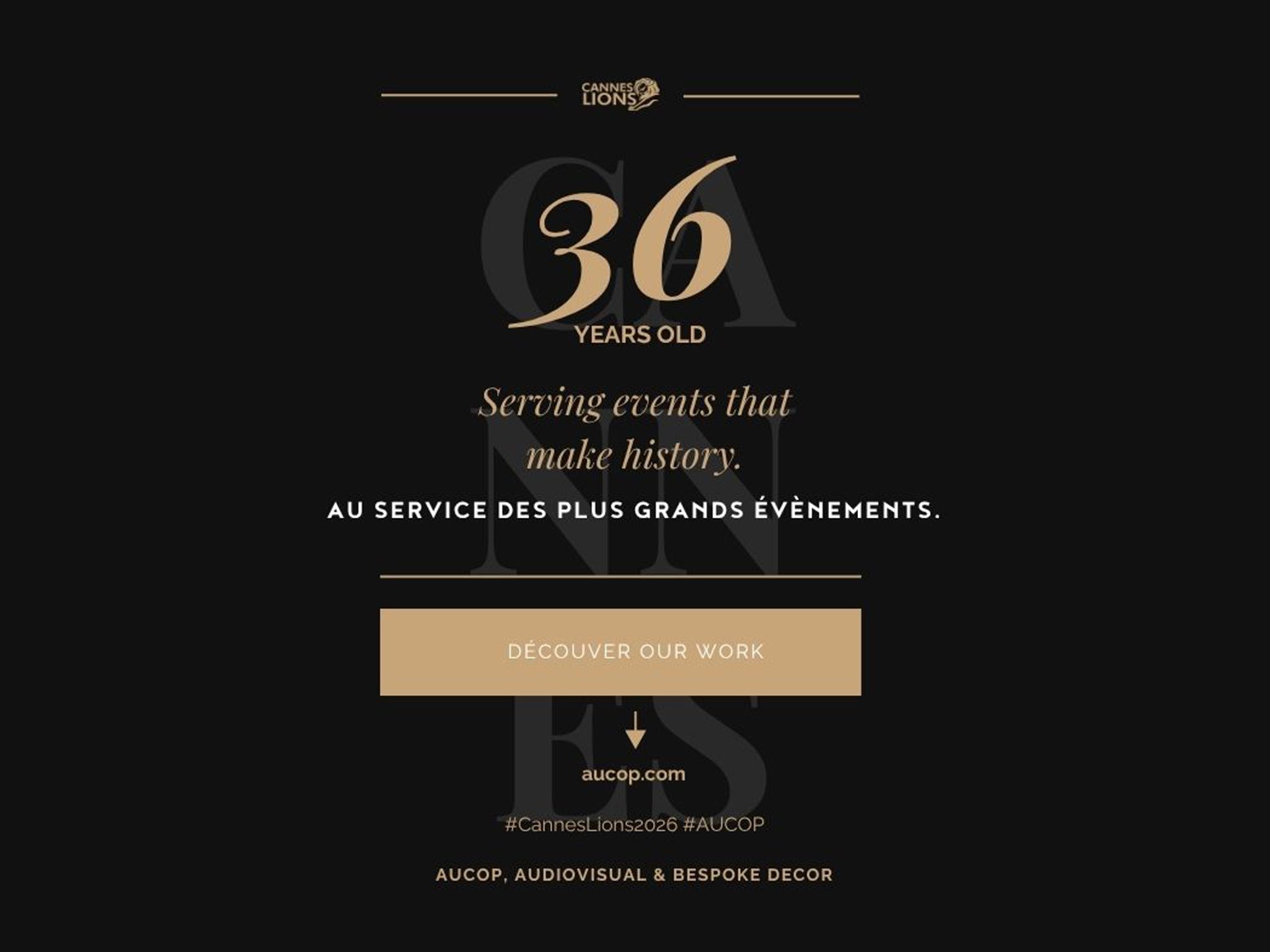FR — prestataire audiovisuel Cannes Lions 2026 · décors sur mesure Cannes Lions · AUCOP Cannes Lions · scénographie événementielle Croisette · atelier décors événement Cannes · son lumière vidéo Cannes Lions EN — audiovisual partner Cannes Lions 2026 · bespoke decor Cannes Lions · AUCOP Cannes · event production Croisette · sound light video Cannes Lions · scenography Cannes event 2026
