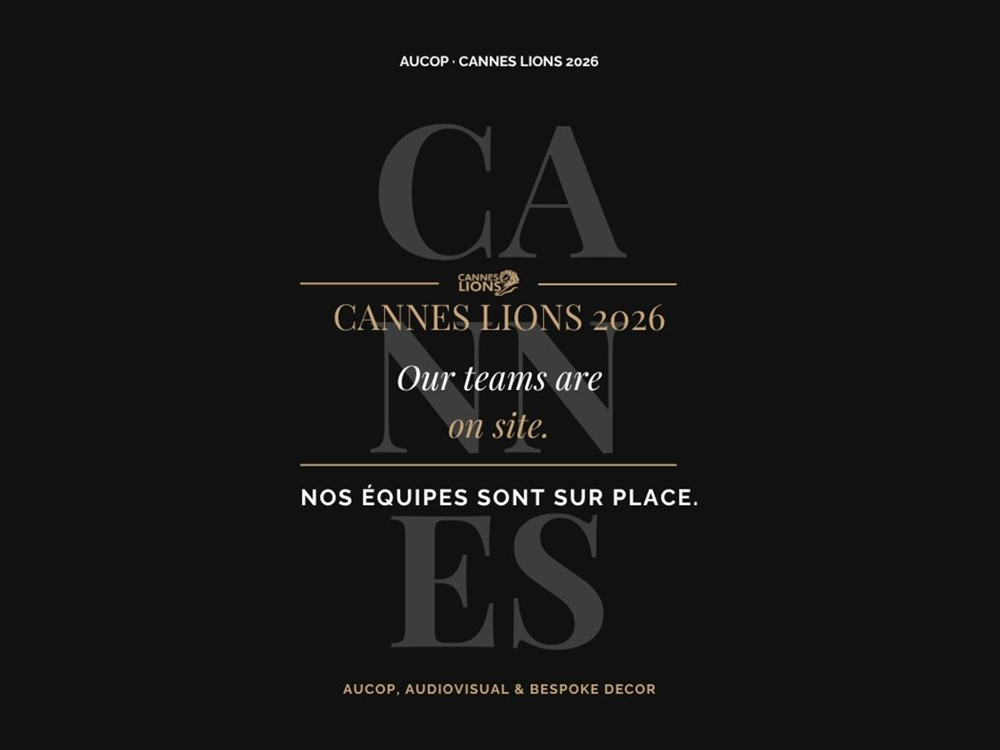 FR: Décors sur mesure et scénographie atelier AUCOP aux Cannes Lions 2026 — stand événementiel, structures sur mesure, signalétique EN: Bespoke decor and scenography by AUCOP workshop at Cannes Lions 2026 — event stand, custom structures, signage