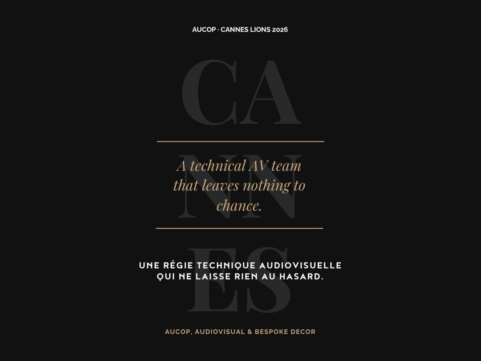FR: Équipes AUCOP en régie technique audiovisuelle lors des Cannes Lions 2026 sur la Croisette — installation son lumière vidéo EN: AUCOP teams in AV technical control at Cannes Lions 2026 on the Croisette — sound light video installation