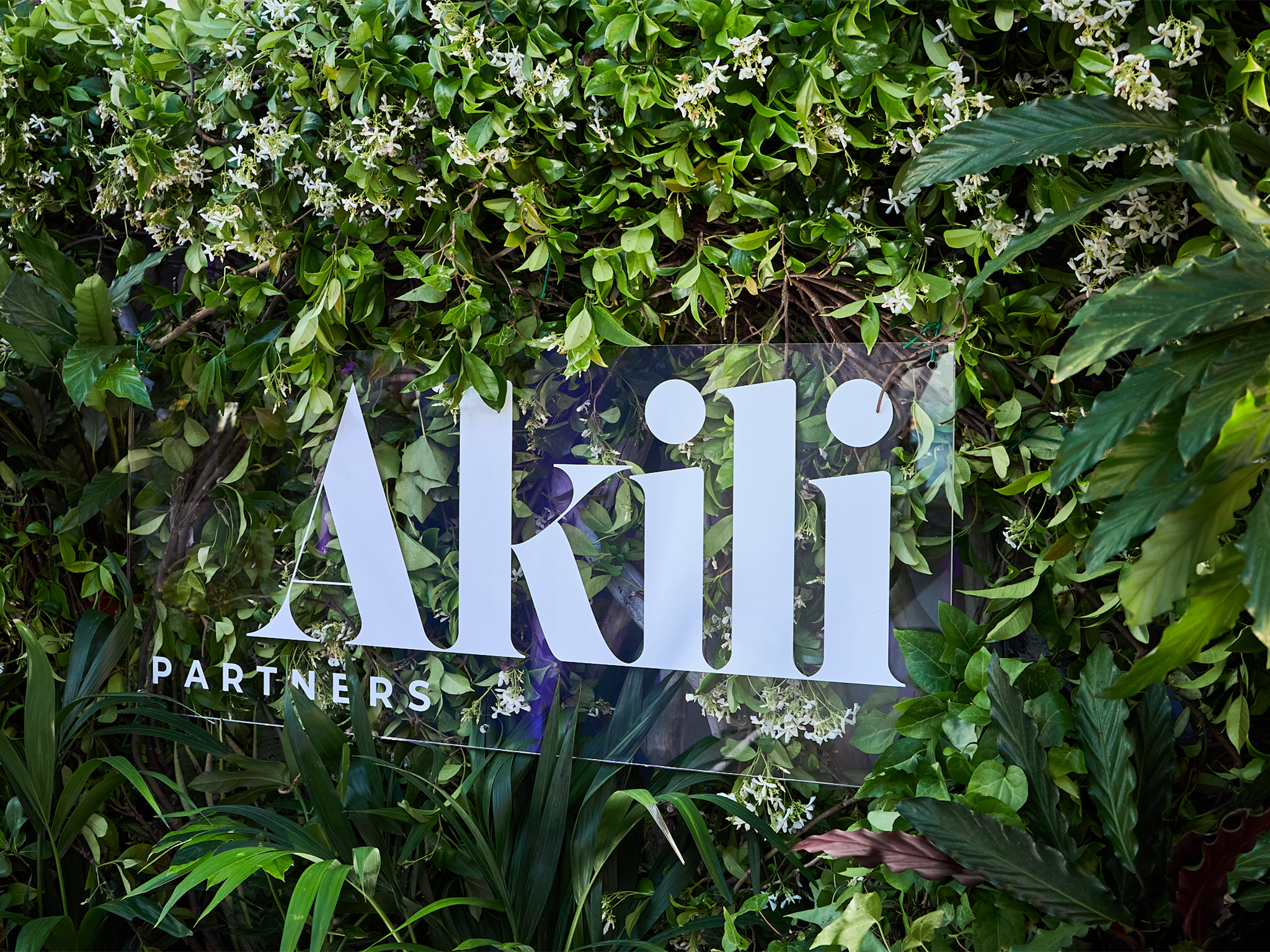 Installation du logo Akili Partners en plexiglas sur le mur végétal de la plage Croisette Beach à Cannes, mis en valeur par les spots Expo Light AUCOP lors de la soirée Akili Mirari 2026