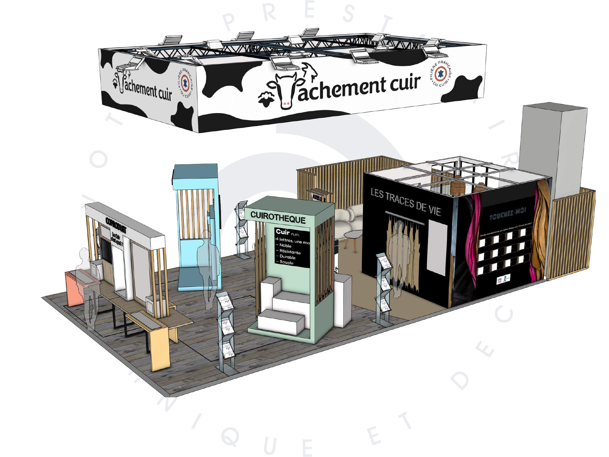 Rendu 3D du stand Vachement Cuir SIA 2026 - zones Cuirothèque, Traces de Vie et Touchez-Moi, scénographie Aucop Paris