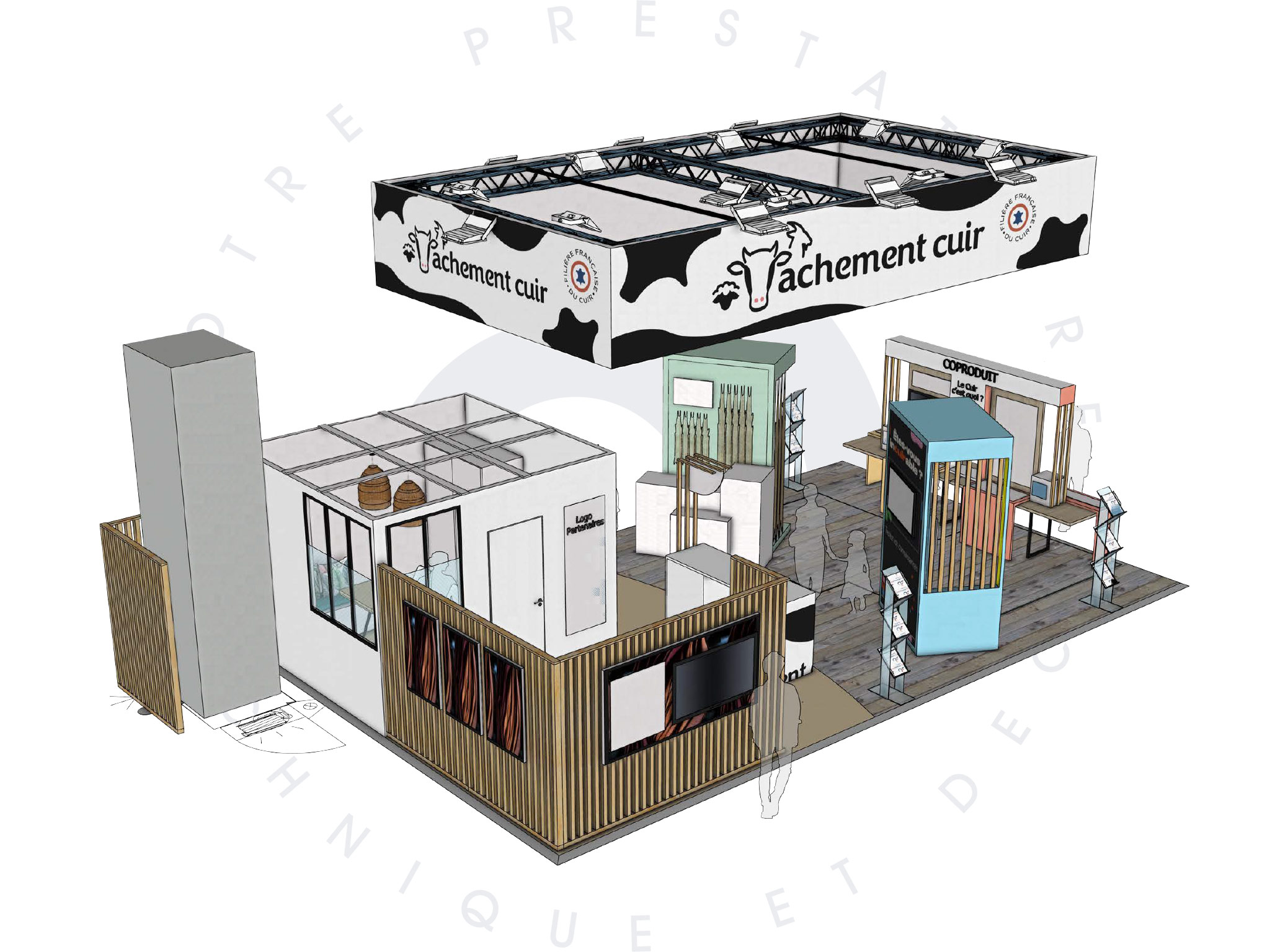Rendu 3D vue aérienne du stand Vachement Cuir SIA 2026 avec bureau confidentiel vitré - conception Aucop Paris pour Enkorprod