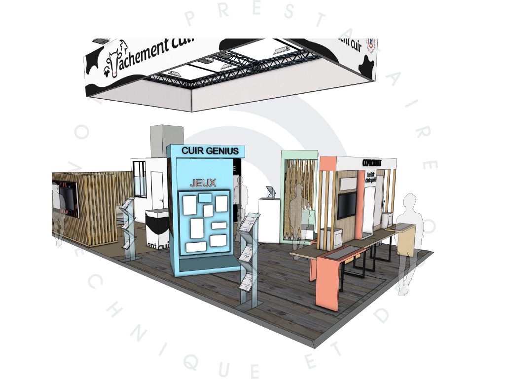 rendu-3d-stand-vachement-cuir-vue-face-sia-2026-aucop Rendu 3D vue de face du stand Vachement Cuir SIA 2026 - conception scénographie sur mesure Aucop Paris pour Alliance France Cuir